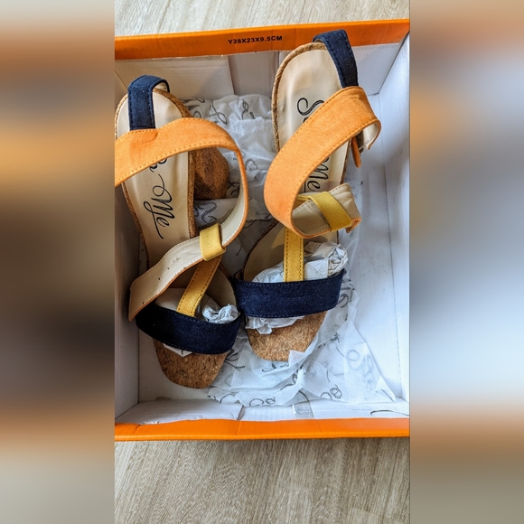 So Me Footwear, Supra-2 Navy Orange Cork Combo Color Block Heels - Picture 7 of 16